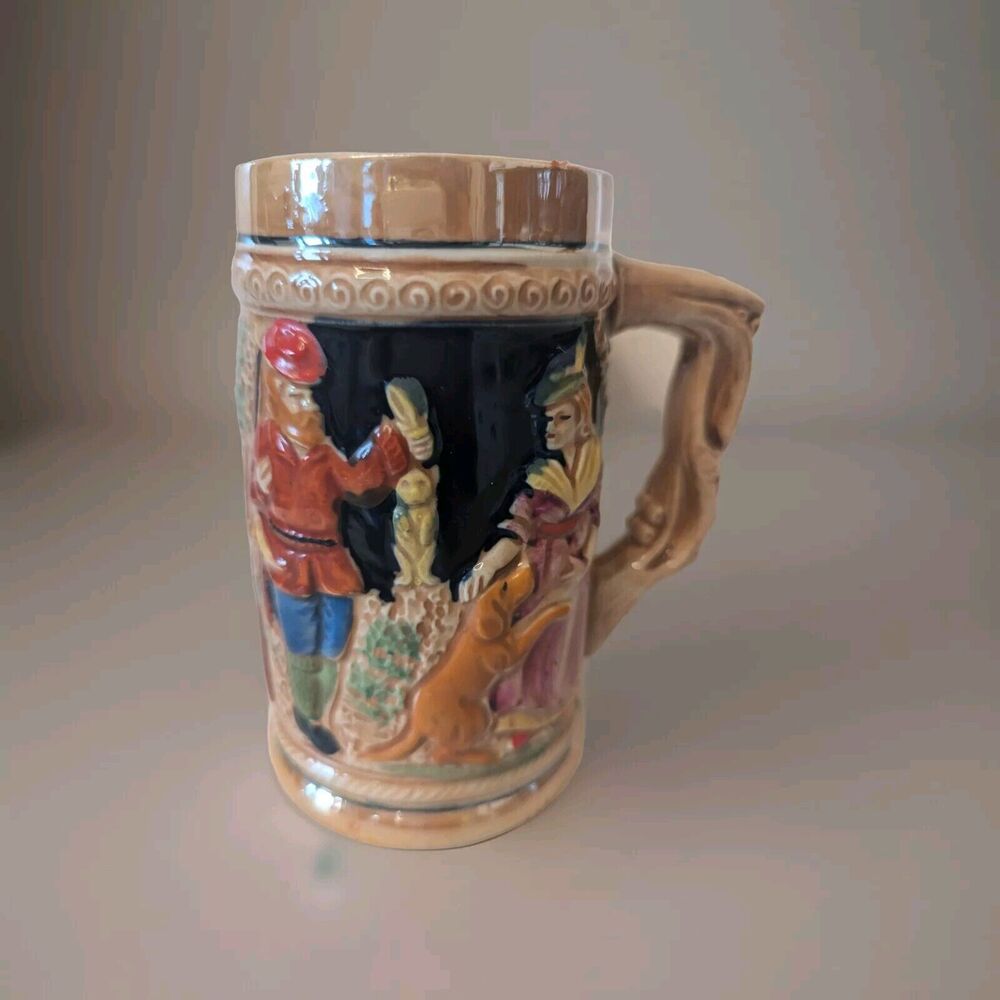 VINTAGE JAPAN CERAMIC BEER STEIN HUNTER WOMAN WITH DOG RAISED SCENE 5.5 " TALL